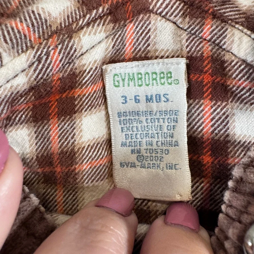 Vtg Gymboree Corduroy Overalls Boys 3-6 Months Plaid Lined Brown Western